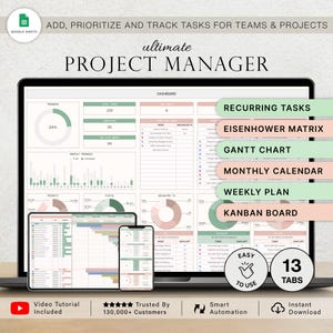 May include: A digital project management dashboard displayed on a laptop, tablet, and smartphone screen. The interface features charts, task lists, and tabs labelled Recurring Tasks, Eisenhower Matrix, Gantt Chart, Monthly Calendar, Weekly Plan, and Kanban Board.