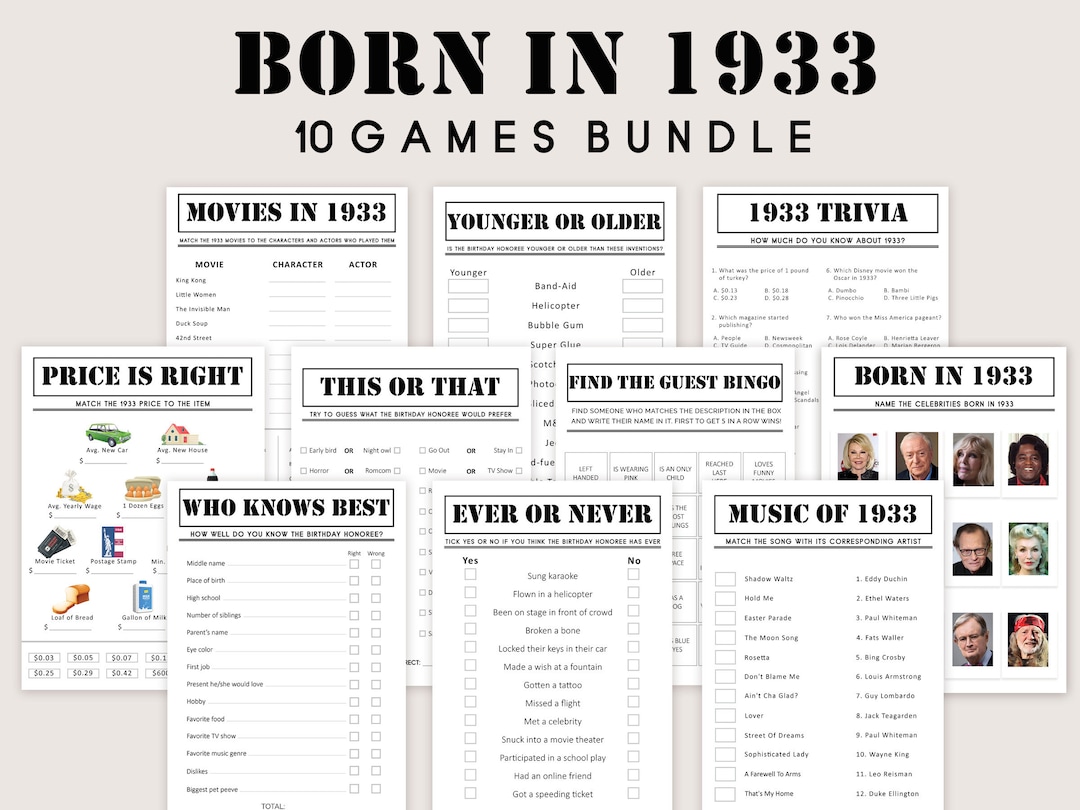 91st Birthday Games Bundle 1933 Birthday Game 91st Birthday Party ...