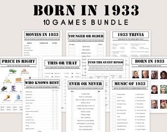 91e anniversaire jeux Bundle 1933 anniversaire jeu 91e anniversaire fête activités hommes femmes lui son né en 1933 Trivia Quiz numérique imprimable
