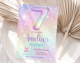 7e anniversaire Invitation fille 7e anniversaire fête Invitation arc-en-ciel septième anniversaire inviter 7 ans anniversaire inviter modifiable Instant R05