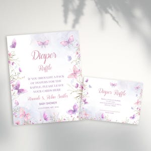 Schmetterling-Windel-Gewinnspiel Schmetterling-Babyparty-Einfügen und Zeichen Lila Schmetterling-Verlosungskarte Ticket-Windelspiel-Zeichen Mädchen bearbeitbar BS4