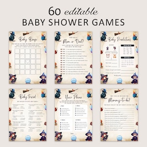 Puede incluir: Un conjunto de seis juegos imprimibles para baby shower con un tema de brujas caprichosas. Los juegos incluyen Baby Bingo, Mom or Dad?, Baby Predictions, Baby Trivia, What's on Your Phone y How Well Do You Know the Mommy-to-be? El texto "60 editable BABY SHOWER GAMES" está en la parte superior.