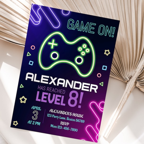 Editable Video Game Party Invitation Gamer Birthday Invite Neon Game On Invite Template Glow Gaming Arcade Boy Girl Instant Download V01