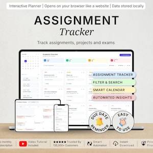 Könnte beinhalten: Ein interaktiver Aufgaben-Tracker auf einem Laptop-, Tablet- und Smartphone-Bildschirm. Die Benutzeroberfläche zeigt einen akademischen Überblick, Kalender und Projektlisten. Der Text umfasst Assignment Tracker, Filter & Search, Smart Calendar, Automated Insights, Due Date Reminder und Easy To Use.