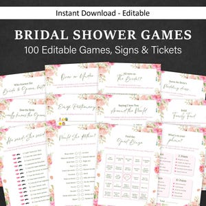 May include: A set of printable bridal shower games with a floral theme. The games include "Who Knows the Bride & Groom Best?", "Does the Bride Really Know the Groom?", "He Said-She Said", "Over or Under", "Emoji Pictionary", "Would She Rather?", "All Eyes on the Bride!", "Saying I Love You Around the World", "Find the Guest Bingo", "Guess the Bride's Wedding Dress...", "Bridal Family Feud", and "What's on Your Phone?"