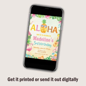 May include: A digital invitation for a 3rd birthday party with a tropical theme. The invitation features a pineapple with sunglasses, the text "Aloha", and the words "Join us to celebrate Madeline's 3rd birthday".