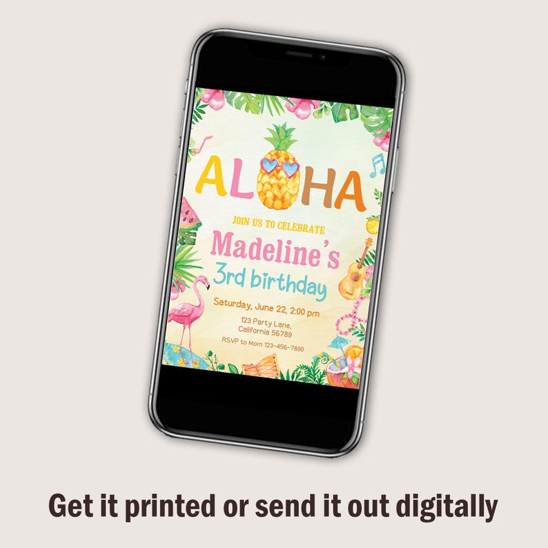 May include: A digital invitation for a 3rd birthday party with a tropical theme. The invitation features a pineapple with sunglasses, the text "Aloha", and the words "Join us to celebrate Madeline's 3rd birthday".