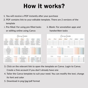 May include: A printable cleaning schedule template in two versions: pre-filled and blank. The pre-filled version includes a list of cleaning tasks for each day of the week. The blank version is for handwritten tasks. The template is designed to be edited in Canva.