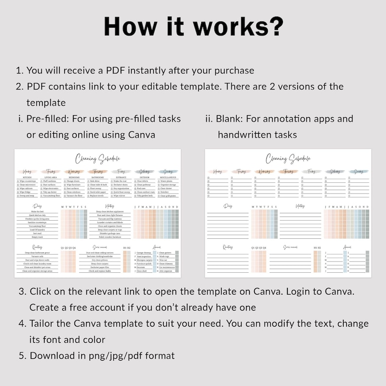 May include: A printable cleaning schedule template in two versions: pre-filled and blank. The pre-filled version includes a list of cleaning tasks for each day of the week. The blank version is for handwritten tasks. The template is designed to be edited in Canva.