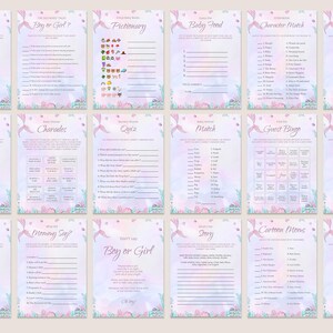 Op de afbeelding: Een set van 10 printbare babyshower-spelkaarten met een zeemeermin-thema. De kaarten zijn versierd met een aquarel achtergrond in roze, blauw en wit met schelpen en zeemeerminnen. De spellen zijn: The Old Wives Tales Boy or Girl?, Pictionary, Guess the Baby Food, Character Match, Charades, Nursery Rhymes Quiz, Baby Animals Match, Find the Guest Bingo, What'll Mommy Say?, Don't Say Boy or Girl, What's the Story, and Cartoon Moms.