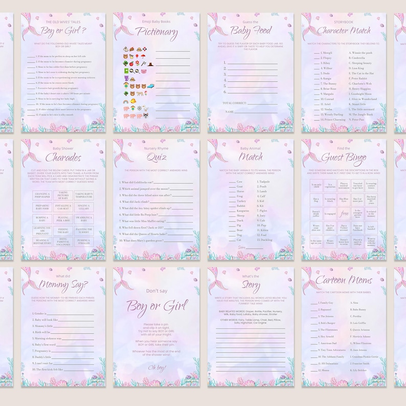 Op de afbeelding: Een set van 10 printbare babyshower-spelkaarten met een zeemeermin-thema. De kaarten zijn versierd met een aquarel achtergrond in roze, blauw en wit met schelpen en zeemeerminnen. De spellen zijn: The Old Wives Tales Boy or Girl?, Pictionary, Guess the Baby Food, Character Match, Charades, Nursery Rhymes Quiz, Baby Animals Match, Find the Guest Bingo, What'll Mommy Say?, Don't Say Boy or Girl, What's the Story, and Cartoon Moms.