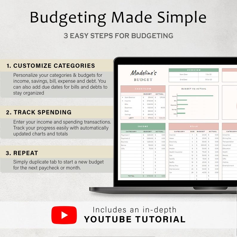 May include: A laptop displays a budgeting spreadsheet with the title "Madeline's BUDGET." The screen shows categories for income, expenses, and bills. Text on the screen reads "Budgeting Made Simple" and "3 Easy Steps for Budgeting." A YouTube tutorial is included.