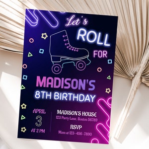 Roller Skating Birthday Party Invitation Roller Skate Party Invite Roller Skates Invitation Girl Neon Glow Let's Roll EDITABLE Instant R01