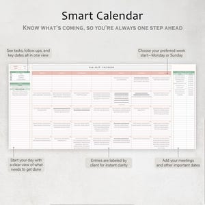 Pode incluir: Um Smart Calendar com o texto "Smart Calendar" e "KNOW WHAT'S COMING, SO YOU'RE ALWAYS ONE STEP AHEAD". O calend&aacute;rio exibe o m&ecirc;s de agosto de 2025, com se&ccedil;&otilde;es para tarefas, acompanhamentos e datas importantes.