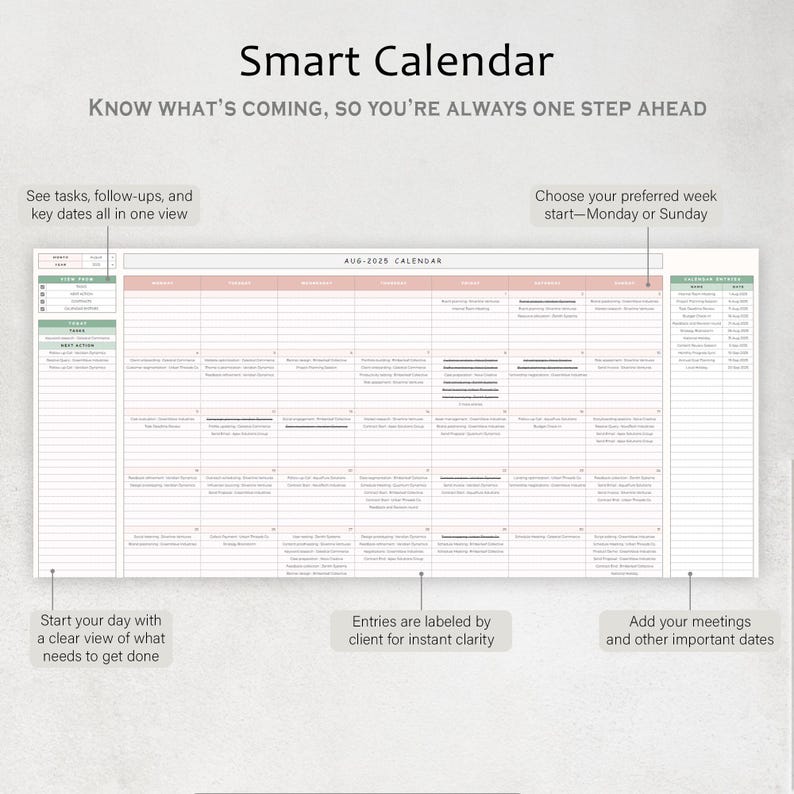 Pode incluir: Um Smart Calendar com o texto "Smart Calendar" e "KNOW WHAT'S COMING, SO YOU'RE ALWAYS ONE STEP AHEAD". O calend&aacute;rio exibe o m&ecirc;s de agosto de 2025, com se&ccedil;&otilde;es para tarefas, acompanhamentos e datas importantes.
