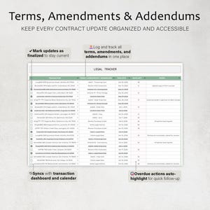 May include: A digital legal tracker with the title "Terms, Amendments & Addendums." The interface includes a table with columns for transaction details, terms, due dates, and notes. Text includes "Mark updates as finalized" and "Syncs with transaction dashboard."