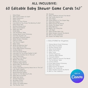 May include: A printable set of 60 baby shower game cards, each measuring 5x7 inches. The cards feature a variety of games, including bingo, trivia, and mad libs. The cards are designed to be edited in Canva.