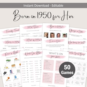 75th Birthday Games for Women 75th Birthday Party Games for Her Born in 1950 Game 1950 Trivia Quiz Activity Bundle Instant Digital EDITABLE