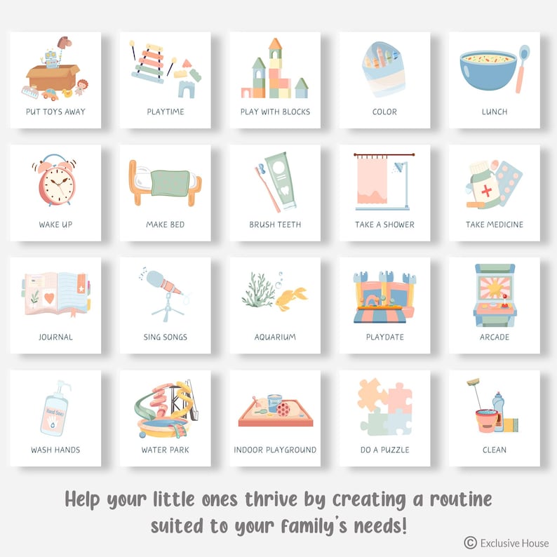 Pu&ograve; includere: Una griglia di venti carte quadrate con illustrazioni color pastello di attivit&agrave; quotidiane con etichette come Put Toys Away, Playtime, Play With Blocks, Color, Lunch, Wake Up, Make Bed, Brush Teeth, Take A Shower, Take Medicine, Journal, Sing Songs, Aquarium, Playdate, Arcade, Wash Hands, Water Park, Indoor Playground, Do A Puzzle e Clean.