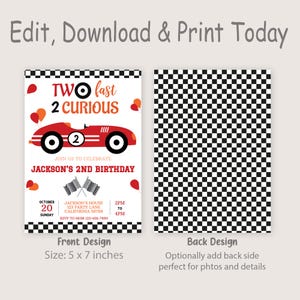 Racing Car Birthday Invitation Two Fast Invitation Race Car Party Invite Boy 2nd Birthday Invite Second Red EDITABLE Instant Download R03 image 2