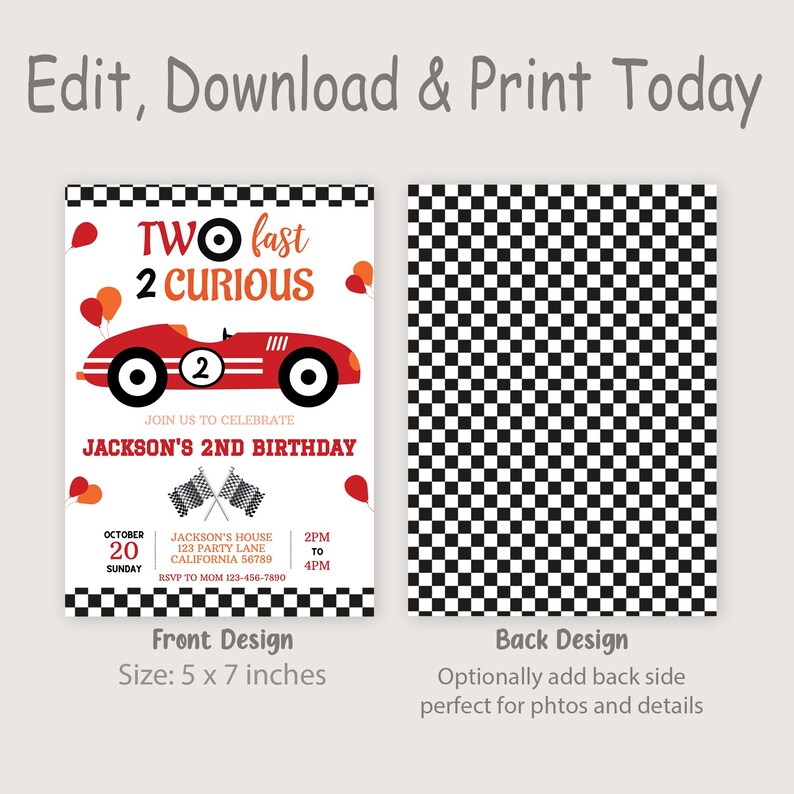 Racing Car Birthday Invitation Two Fast Invitation Race Car Party Invite Boy 2nd Birthday Invite Second Red EDITABLE Instant Download R03 image 2