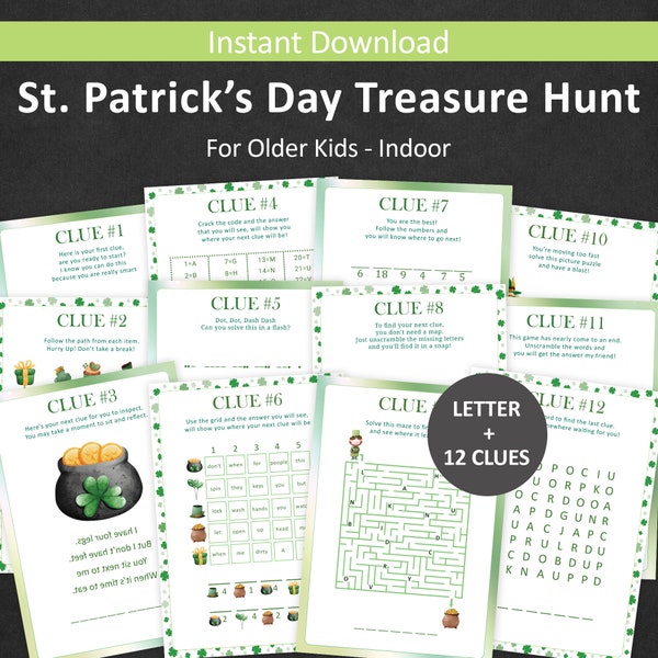 Chasse au trésor de la Saint-Patrick pour les enfants plus âgés Chasse au trésor aux lutins pour ados Jeu d'évasion intérieur de la Saint-Patrick Puzzles St Paddy à imprimer