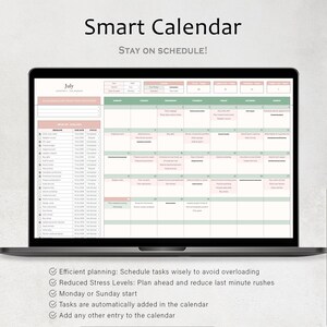 May include: A laptop displaying a digital calendar with the text "Smart Calendar" and "Stay on Schedule!". The calendar grid is in shades of green and pink, with the month of July visible. Features include efficient planning and reduced stress levels.