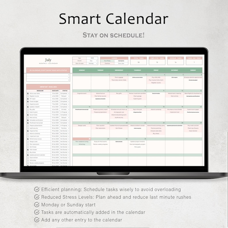 May include: A laptop displaying a digital calendar with the text "Smart Calendar" and "Stay on Schedule!". The calendar grid is in shades of green and pink, with the month of July visible. Features include efficient planning and reduced stress levels.