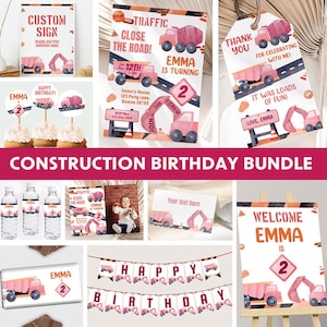 Girl Construction Birthday Invitation Bundle Pink Dump Truck Party Decoration Digger Decor Excavator Dumper Site EDITABLE Digital C01