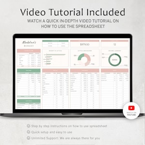 May include: A laptop displays a spreadsheet titled "Madeline's BUDGET" with financial data, charts, and tables. The screen includes the text "Video Tutorial Included" and "Watch on YouTube." The spreadsheet is in shades of green and pink.