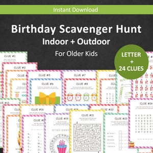 以下が含まれることがあります： 24 個のヒント付きの、年上の子供向けの印刷可能な誕生日宝探しゲーム。ヒントは、赤、白、青のストライプの縁取りのあるカラフルなカードに書かれています。カードには、解くべきさまざまなパズルと謎があります。カードのテキストには、「レター E #」と「24 ヒント」と書いてあります。