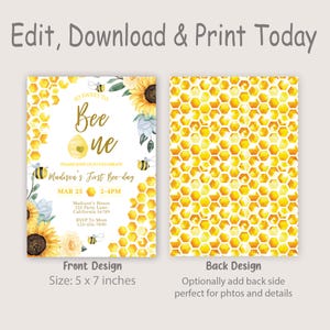 Puede incluir: Una invitaci&oacute;n imprimible para una fiesta de primer cumplea&ntilde;os con tem&aacute;tica de abejas. El frente de la invitaci&oacute;n presenta un patr&oacute;n de panal, una abeja, un girasol y el texto "So Sweet to Bee One". La parte posterior de la invitaci&oacute;n presenta un patr&oacute;n de panal. La invitaci&oacute;n mide 5 x 7 pulgadas.