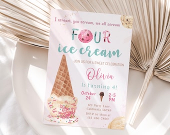 Ice Cream Birthday Invitation Four Ice Cream 4th Birthday Party Invite 4 year old Invite Girl Boy Fourth Editable Instant Digital I01