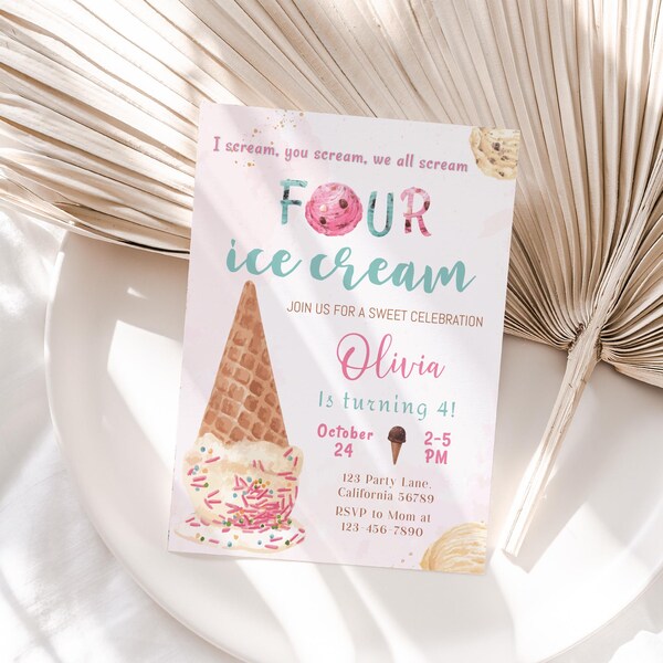 Ice Cream Birthday Invitation Four Ice Cream 4th Birthday Party Invite 4 year old Invite Girl Boy Fourth Editable Instant Digital I01
