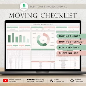 May include: A laptop screen displays a moving checklist template. The spreadsheet includes sections for budget, inventory, and a shopping list. The text "MOVING CHECKLIST" is prominently displayed. The template is designed for use with Google Sheets.