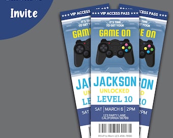 Video Game Birthday Ticket Invitation Gamer Invitation Gaming Birthday Party Invitation Game Party Ticket EDITABLE Instant Download V01