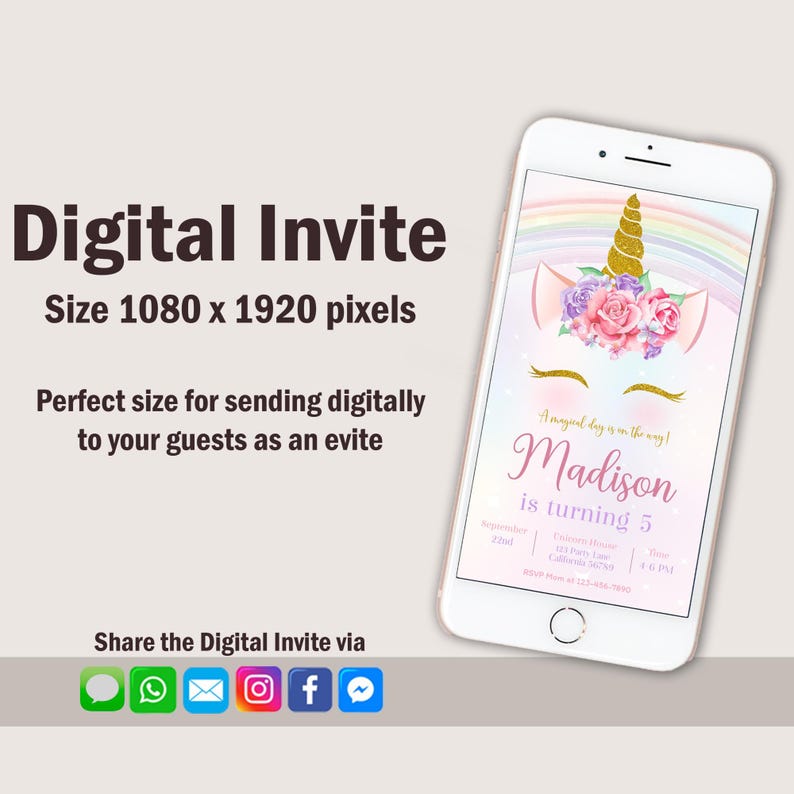 May include: A digital invitation for a birthday party featuring a unicorn with a rainbow and flowers. The text reads "A magical day is on the way! Madison is turning 5".