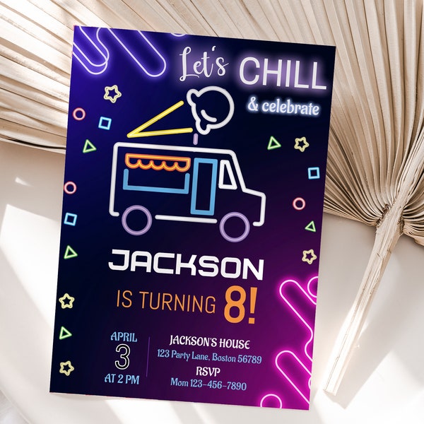 Ice Cream Truck Birthday Invitation Ice Cream Birthday Invitation Ice Cream Truck Theme Party Invitation Neon EDITABLE Instant Download I01