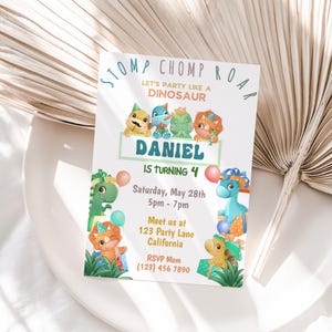Dinosaur Birthday Invitation, Editable Dino Kids Bday party Invite Fun Cute, Stomp Chomp Roar Rawr, Instant Download, Printable Template D01