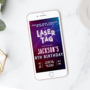 Laser Tag Electronic Invitation Neon Laser Birthday Invitation Digital Glow Laser Mobile Invitation Bowling Evite Phone Invite EDITABLE L01