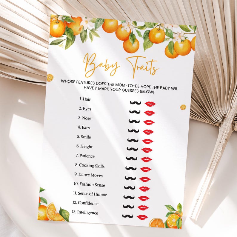 May include: A printable baby shower game with a citrus theme. The game asks guests to guess whether the baby will inherit certain traits from the mother or father. The traits are listed on the left side of the page, and the options are represented by a red lipstick for the mother and a black mustache for the father.