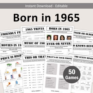 60th Birthday Games Bundle 60th Birthday Party Games 1965 Trivia Born in 1965 60 Year Old Men Women Him Her Quiz EDITABLE Instant Digital