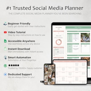 K&ouml;nnte beinhalten: Ein digitaler Social-Media-Planer, der auf einem Laptop, Tablet und Smartphone angezeigt wird. Der Planer zeigt einen Kalender und Social-Media-Planungstools. Der Text enth&auml;lt "#1 Trusted Social Media Planner" und "Beginner Friendly."