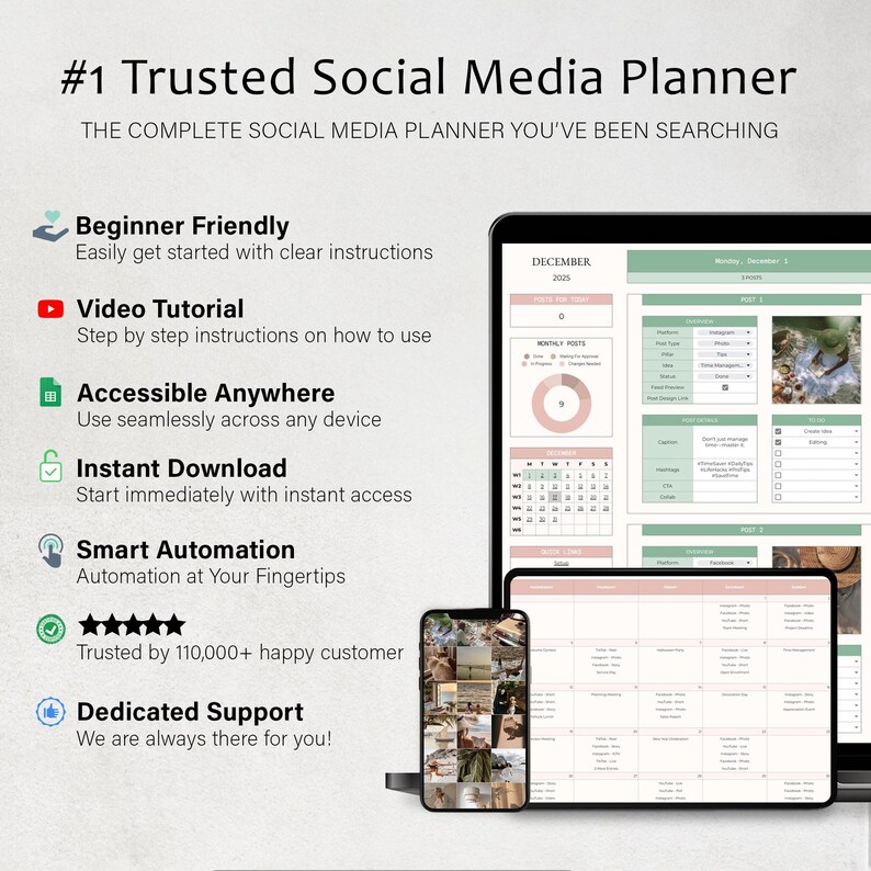 K&ouml;nnte beinhalten: Ein digitaler Social-Media-Planer, der auf einem Laptop, Tablet und Smartphone angezeigt wird. Der Planer zeigt einen Kalender und Social-Media-Planungstools. Der Text enth&auml;lt "#1 Trusted Social Media Planner" und "Beginner Friendly."