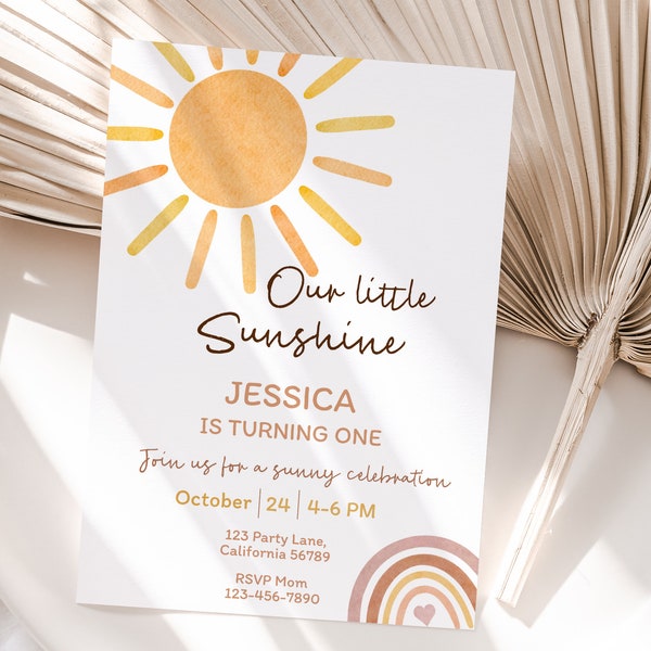 Our Little Sunshine Birthday Invitation You are my Sunshine Party Neutral Boho Rainbow 1st Birthday Invite EDITABLE Instant ANY AGE S06