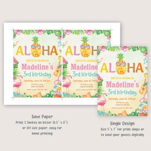 May include: Two printable invitations for a 3rd birthday party with a tropical theme. The invitations feature a pineapple with sunglasses, a flamingo, and the text "Aloha Madeline's 3rd birthday".