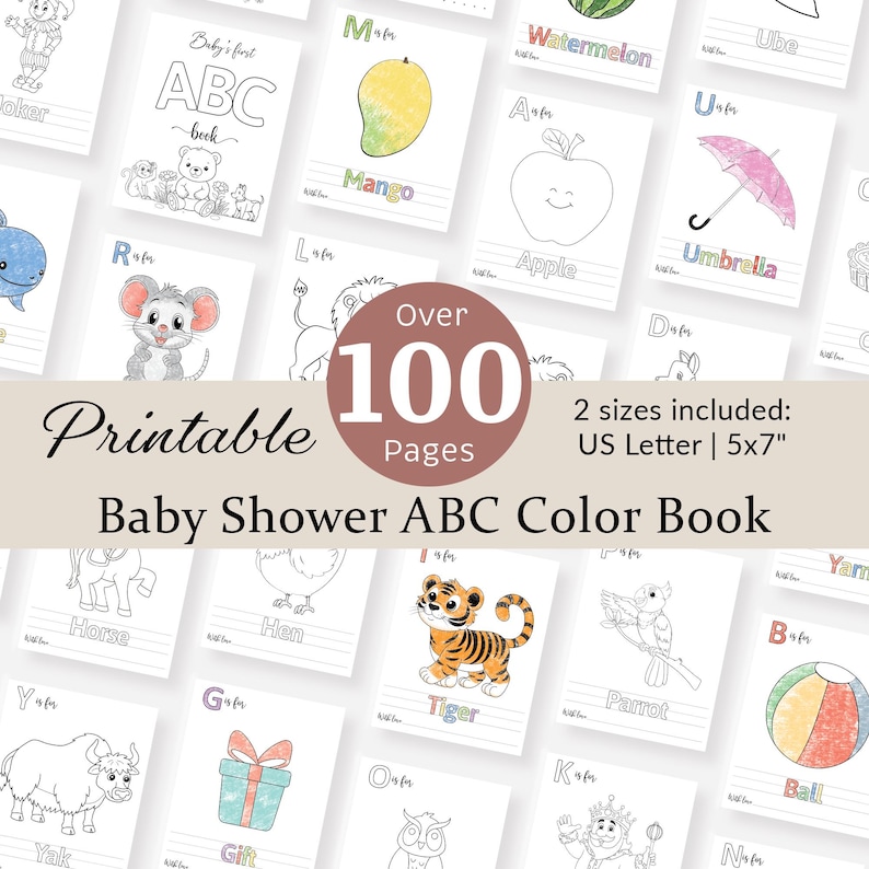 Op de afbeelding: Een printbaar ABC-kleurboek voor een babyshower met meer dan 100 pagina's. De omslag toont een kleurrijke illustratie van een baby die een alfabetboek vasthoudt. Het boek is verkrijgbaar in twee formaten: US Letter en 5x7 inch.