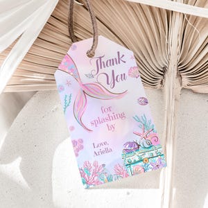 Etiquetas de lembrança de sereia editáveis sob o mar, festa de aniversário, obrigado, modelo, rosa, roxo, lembrança de menina, etiqueta de presente, decoração imprimível instantânea m02