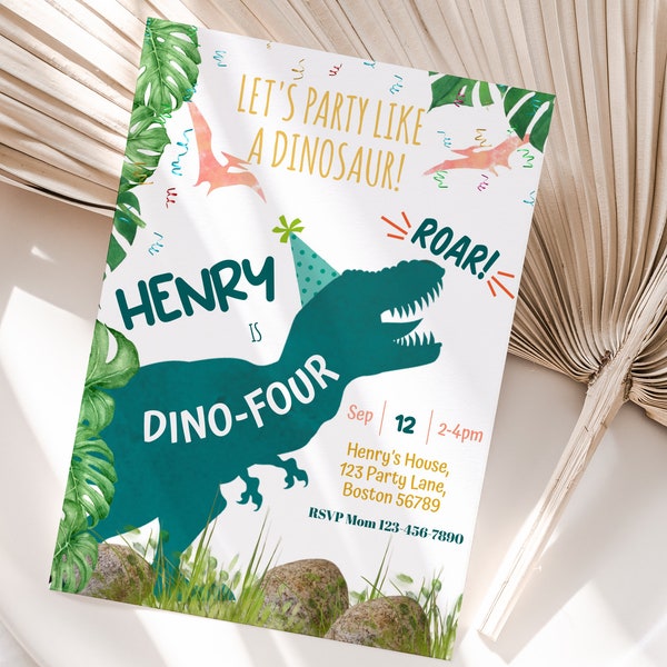 Editable Dinosaur 4th Birthday Invitation DinoFour TRex Party Invite Template Boy Fourth Bday Party Green Dino Instant Digital Download D02