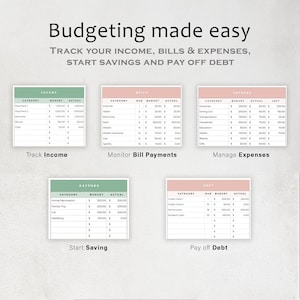 May include: A digital budgeting planner with the text "Budgeting made easy." The image displays five sections: Track Income, Monitor Bill Payments, Manage Expenses, Start Saving, and Pay off Debt. Each section features a table with categories and budget details.
